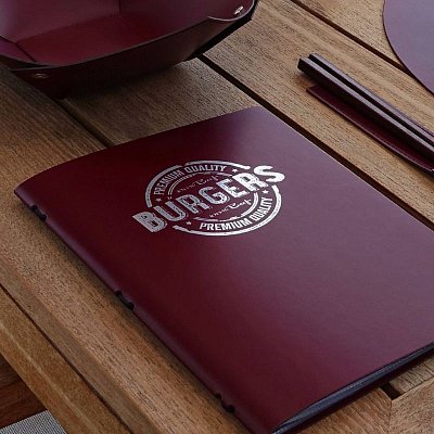 Menu karta Ambiente A4 zo Spectro kože s tepelným razením loga striebornou f.